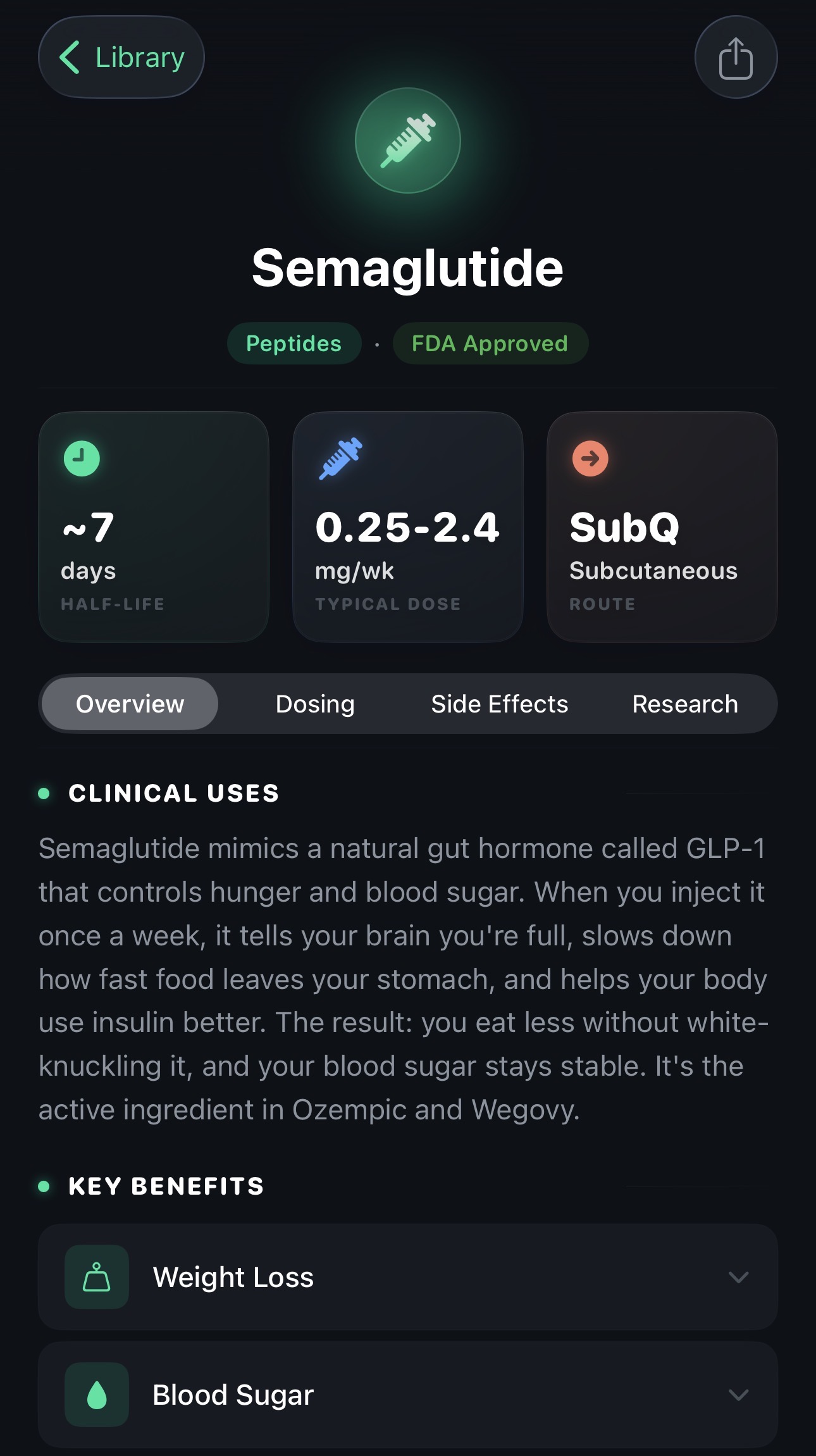 Semaglutide compound detail — Overview tab with PK parameters, half-life, and dosing range from peer-reviewed literature