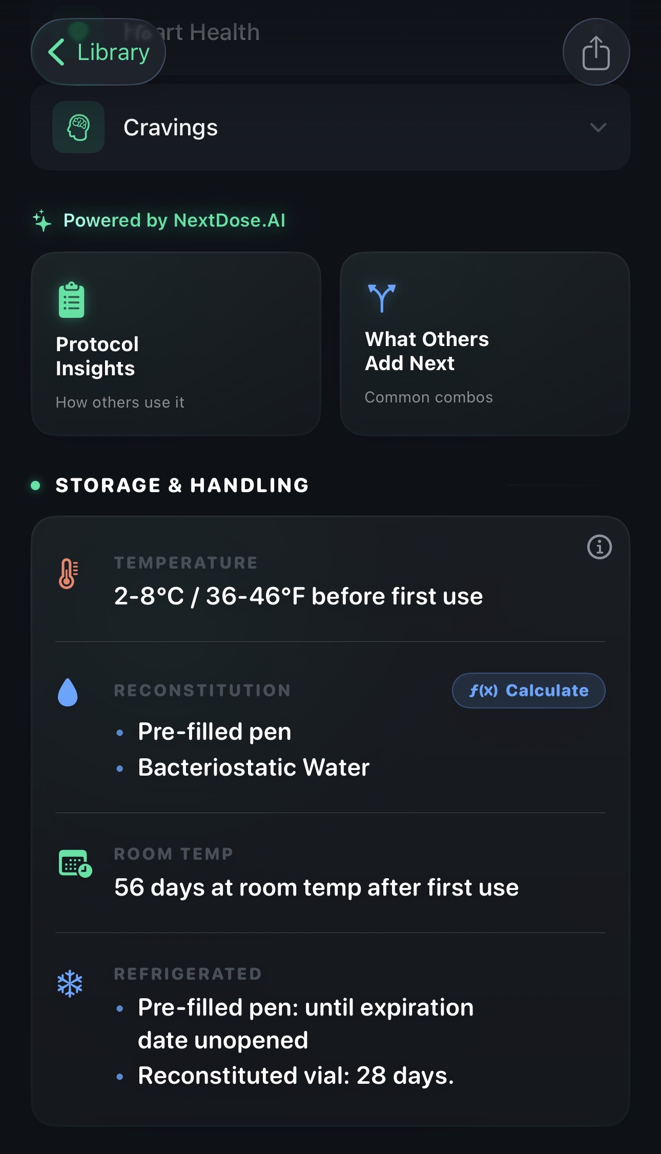 Semaglutide compound detail — Storage tab with reconstitution and refrigeration guidance