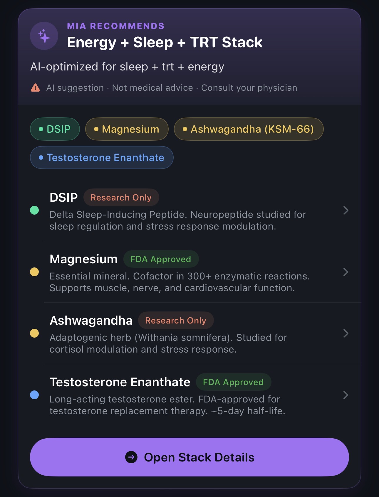 NextDose.AI Mia recommends a personalized Energy + Sleep + TRT stack with DSIP, Magnesium, Ashwagandha, and Testosterone Enanthate
