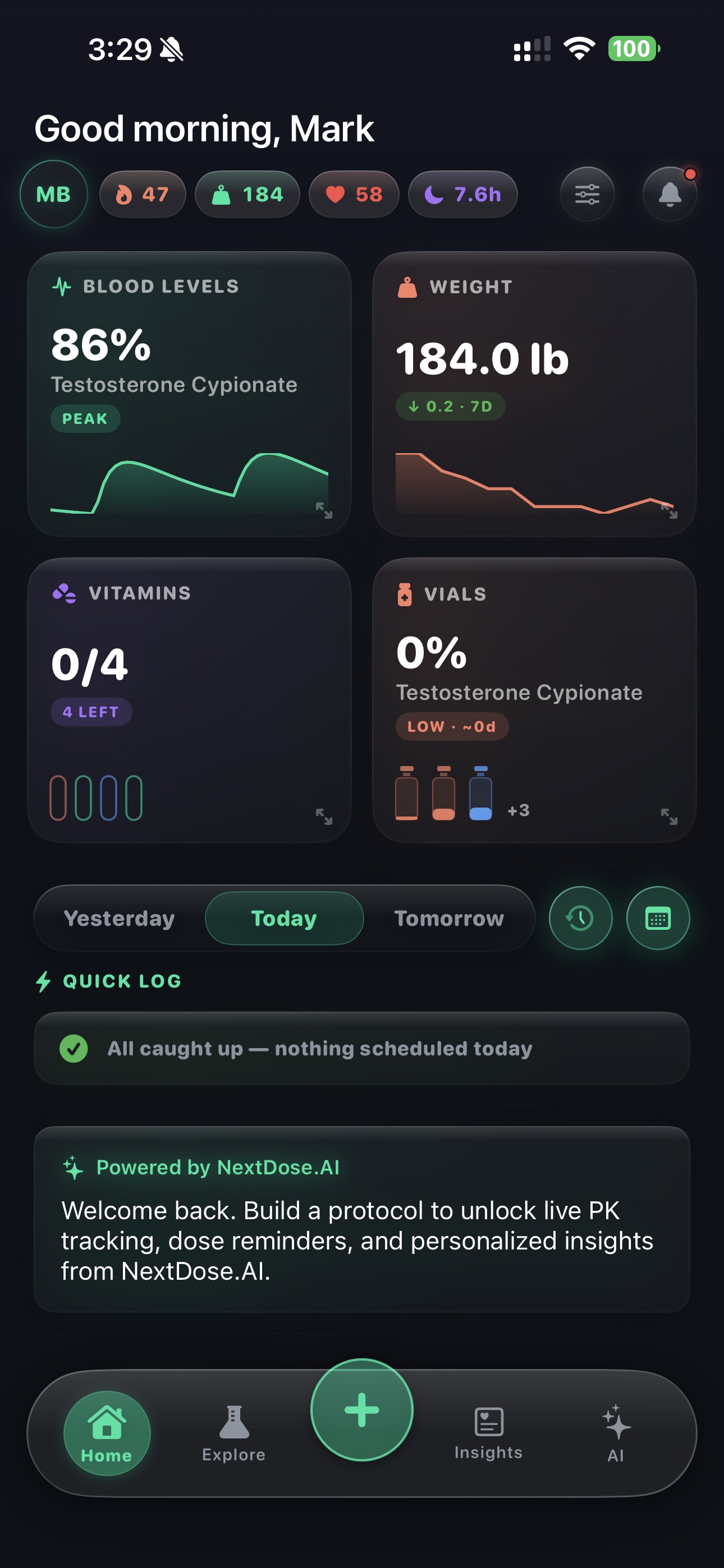 NextDose.AI Home dashboard — Mark Bennett at 184 lbs (down 0.2 in 7d), Testosterone Cypionate blood level at 77% active, Quick Log 3/3 with Test C 300mg, NAD+ 100mg, and HCG 250IU logged