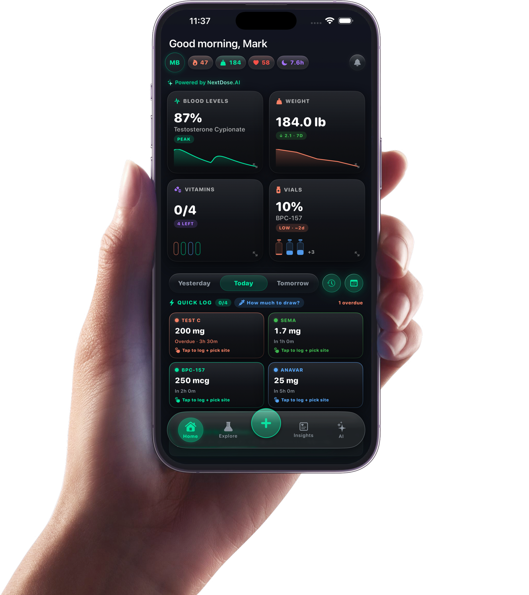 NextDose.AI running on iPhone, showing predicted blood levels and next dose